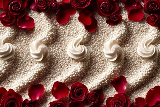 A lavish arrangement features creamy swirls atop a sandy base, surrounded by vibrant red rose petals. This artistic setup creates a romantic atmosphere.