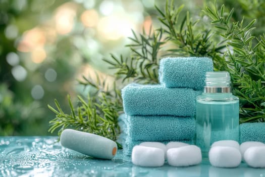 Soft, turquoise towels are neatly stacked beside a small bottle of essential oil, surrounded by fresh greenery and calming cotton pads, creating a peaceful spa experience.