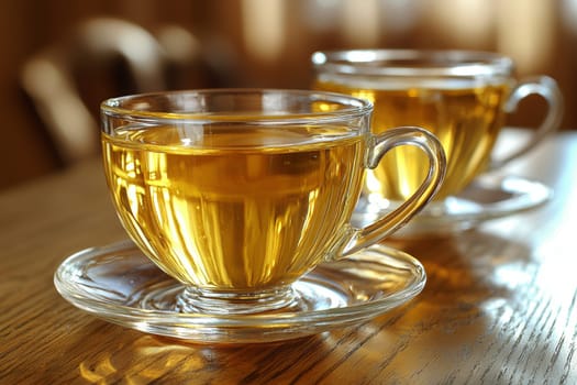 Two clear cups of freshly brewed tea rest on a wooden table, inviting moments of relaxation in a warm, cozy atmosphere during the afternoon.