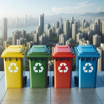 Colorful trash containers on a rooftop overlooking the city. Recycling and environmental initiatives for sustainable development.