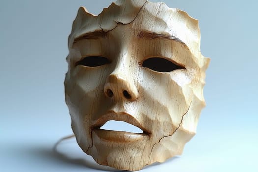 This wooden mask features a captivating face with crack-like textures, emphasizing the artist's skill in capturing emotion and natural aesthetics, perfect for decor.