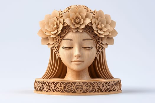 A beautifully crafted wooden sculpture depicts a peaceful woman with closed eyes, adorned with floral accents and intricate designs, highlighting skilled artistry.