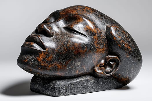 A beautifully carved stone sculpture captures the serenity of a woman's face, highlighting her calm expression and exquisite details in the stone surface.