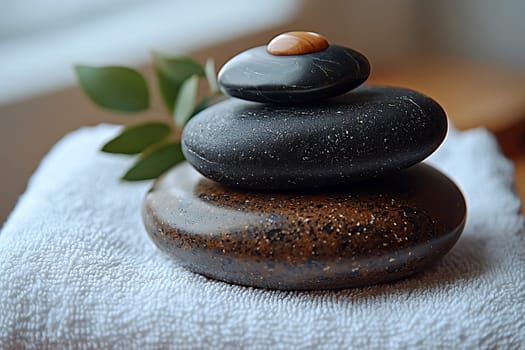 Three smooth stones are carefully stacked on a white towel, accompanied by green leaves, creating a peaceful atmosphere in a sunlit indoor space.