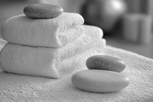 Stacked towels lie neatly beside pebbles in a serene spa environment, designed for relaxation and tranquility after treatments.