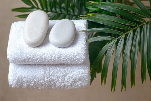 Soft white towels are neatly stacked, accompanied by smooth, pale stones, all set against vibrant green palm leaves, creating a calming atmosphere.