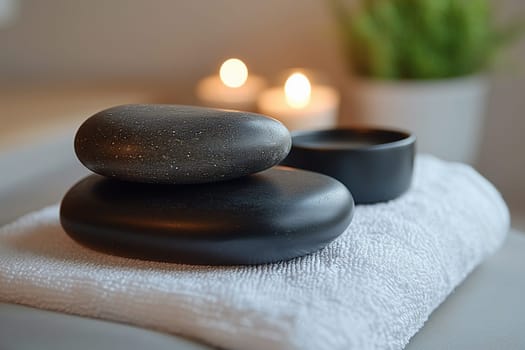 A set of smooth black stones rests on a folded white towel, accompanied by candles glowing softly, creating a tranquil ambiance perfect for relaxation.