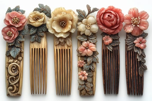 Six ornate hair combs are arranged together, each featuring unique floral designs carved from wood in natural tones and pastel colors.