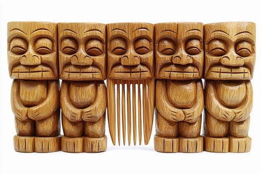 Intricately carved wooden figures stand side by side, with one holding a finely designed hair comb, reflecting traditional craftsmanship and cultural significance.