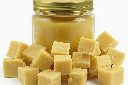 Yellow, pure beeswax is displayed in a glass jar alongside neatly cut cubes. They can be used for various crafting activities, including candle making and skincare.