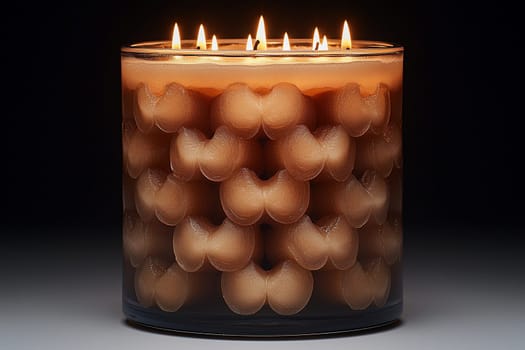 A candle with multiple wicks glows warmly against a dark backdrop, showcasing an eye-catching pattern of rounded shapes that enhances its aesthetic appeal.