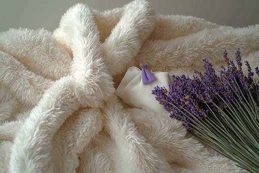 A soft, fluffy blanket serves as a backdrop for a small decorative pillow and a fragrant bundle of lavender, creating a peaceful indoor setting.