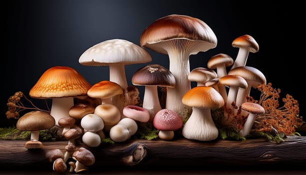 mixed mushrooms on tree trunk AI generated image