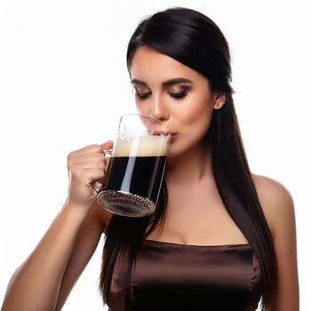 pretty young woman drinking stout beer, AI generated image