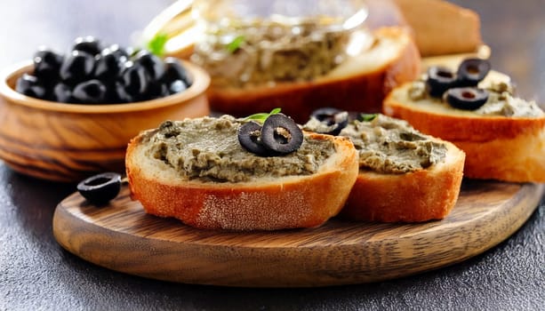 sliced bread with black olives pate spread topping AI generated image