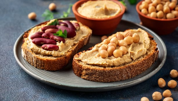 sliced bread with hummus and bean spread topping AI generated image