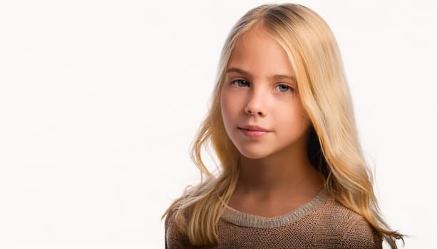 smiling blond girl over white background, AI generated image