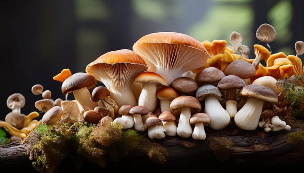 mixed mushrooms on tree trunk AI generated image
