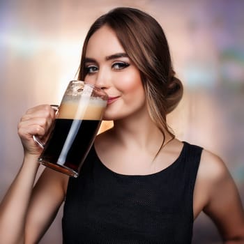 pretty young woman drinking stout beer, AI generated image