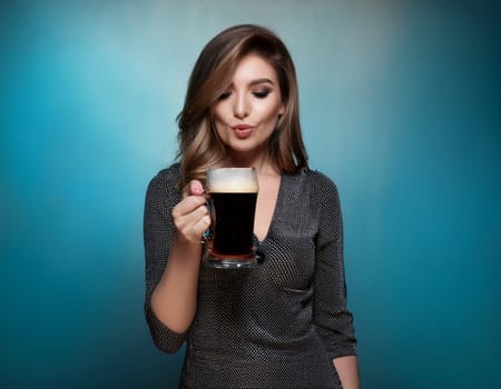 pretty young woman drinking stout beer, AI generated image