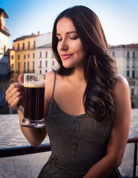pretty young woman drinking stout beer, AI generated image