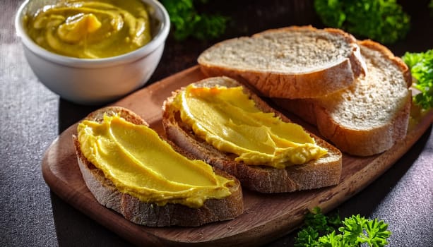 sliced bread with mustard spread topping AI generated image