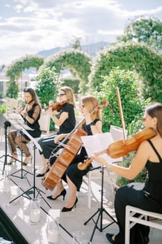 Female string quartet plays violins and cellos while sitting on chairs in the garden. High quality photo