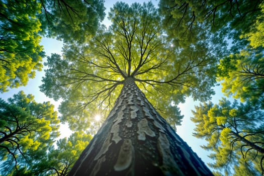 Tree seen from base with wide-angle lens, sun rays filtering through green canopy. Immersive and peaceful nature concept for eco and wellness projects. AI generated.