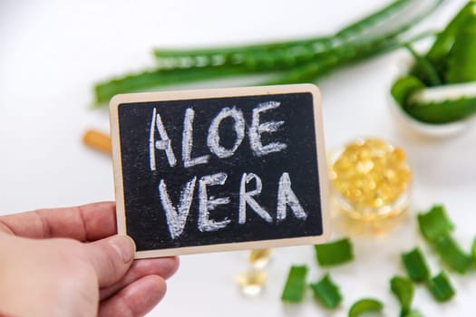 Aloe vera capsules and extract drops. Selective focus. nature.