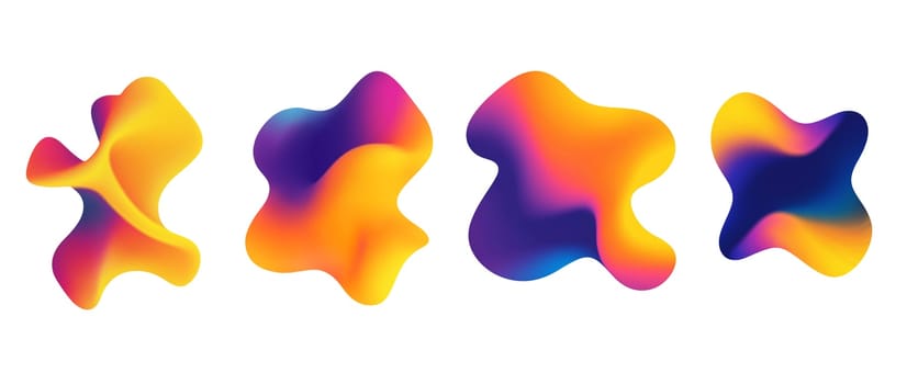 Dynamic and colorful shapes flow into one another, showcasing gradients of yellow, orange, purple, and blue. These abstract forms create a captivating visual experience with smooth transitions.