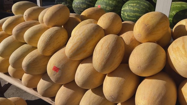 Fresh yellow melons piled high on a market stall, ready for sale, with watermelons in the background