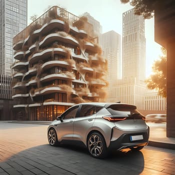 A silver electric car parks in front of a unique building with cascading plants, blending nature and modern architecture in an urban setting. Generative AI.