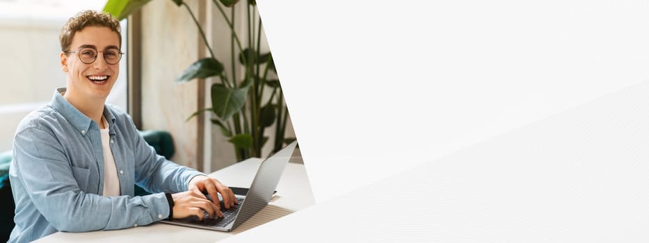 Cheerful young european man student in glasses, typing on laptop, work, study or online communication in cafe with phone. Online meeting, modern lifestyle remotely, digital nomad