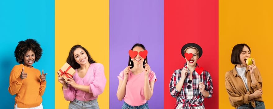 Five friends express their joy and affection while celebrating Valentine's Day. Each woman showcases unique gifts and playful gestures against colorful backgrounds, creating a vibrant atmosphere.