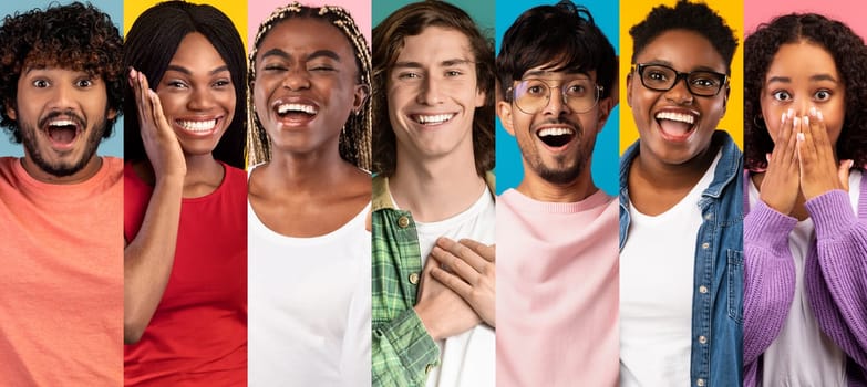 A multiethnic group of young adults displays happiness through smiles and laughter. Each person exudes joy, showcasing the beauty of friendship in a vibrant setting.