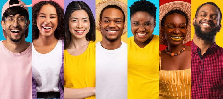 A vibrant collage features cheerful, smiling individuals from diverse backgrounds. Each person showcases their unique style and joyful expressions against bright, colorful backgrounds.