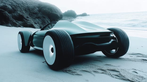 Sleek black sports car speeds through desert sand dunes, embodying a futuristic concept