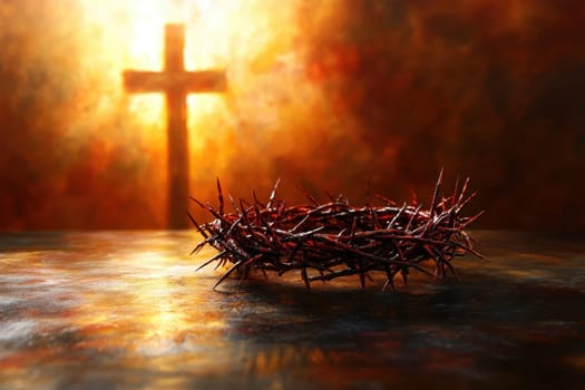 Close-up of wooden cross with crown of thorns against oil paint wall church background, spirituality, symbol, Jesus..