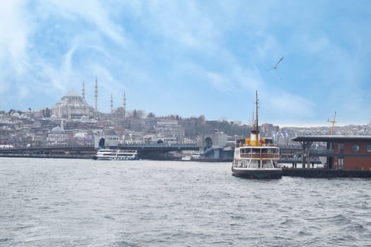 A ferry cruises across the Bosphorus with a historic skyline nearby.