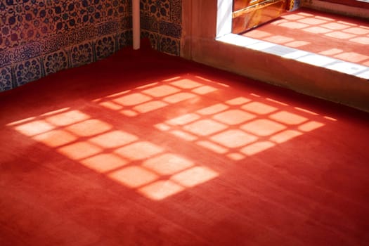 Bright sunlight casts intricate shadows on a vibrant red carpet.