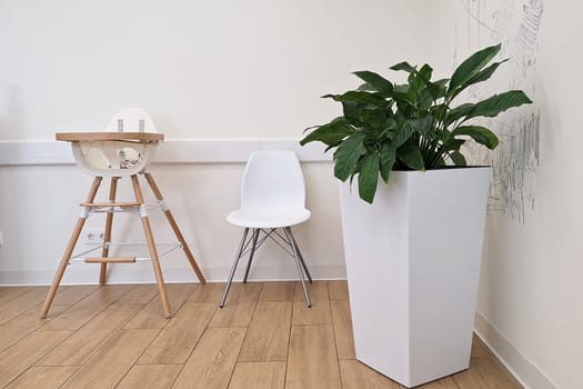 Minimalist room with white high chair, modern chair, and potted plant on wooden floor.