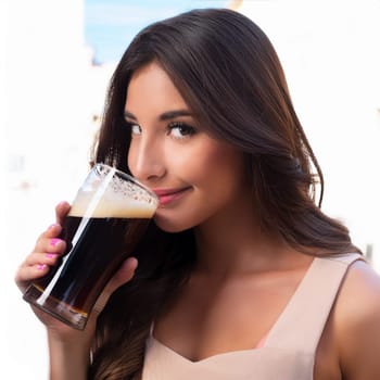 pretty young woman drinking stout beer, AI generated image