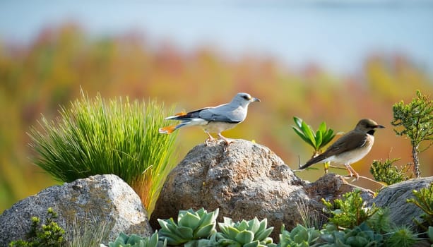 birds on rocks with plants AI generated image