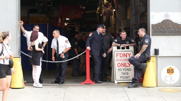New York City, United States - 11 September 2023: Firefighters celebrate Patriot Day. 911 memorial remembrance event, FDNY commemorate anniversary. Fire Department Station, Manhattan 10 Ten Firehouse.