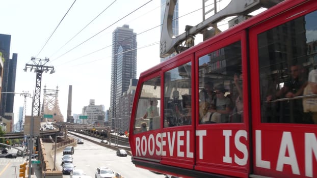 New York City, United States - 4 Sept 2023: Roosevelt Island tramway to Manhattan Midtown streets. American cable tram, Queensboro Bridge. Urban public transport, USA. Building architecture cityscape.
