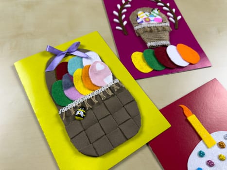 Creative collection of handmade Easter cards features vibrant baskets filled with assorted felt eggs and festive cake. For sending heartfelt wishes and celebrating of Easter with friends and family