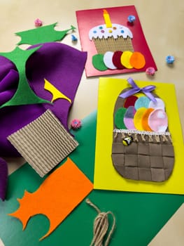 Creative process of making delightful Easter cards using vibrant felt, yarn, and decorative elements. Ideal for celebrating the joy of spring and sharing festive greetings