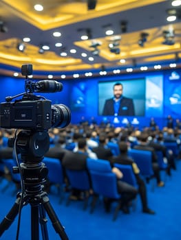 Professional event with audience attending a corporate conference. A video camera records the speaker on stage. Modern setup with blue tones, ideal for business, media, and communication themes.Vertical