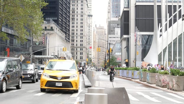 New York City, United States - 10 Sept 2023: Manhattan Downtown Financial District Church street, crossroad intersection zebra. Road car traffic, Yellow taxi. People pedestrian near World Trade Center