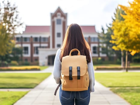 Back view of a young female student with a yellow backpack walking toward a college building. Autumn setting with golden trees. Ideal for education, campus life, and back-to-school themes.